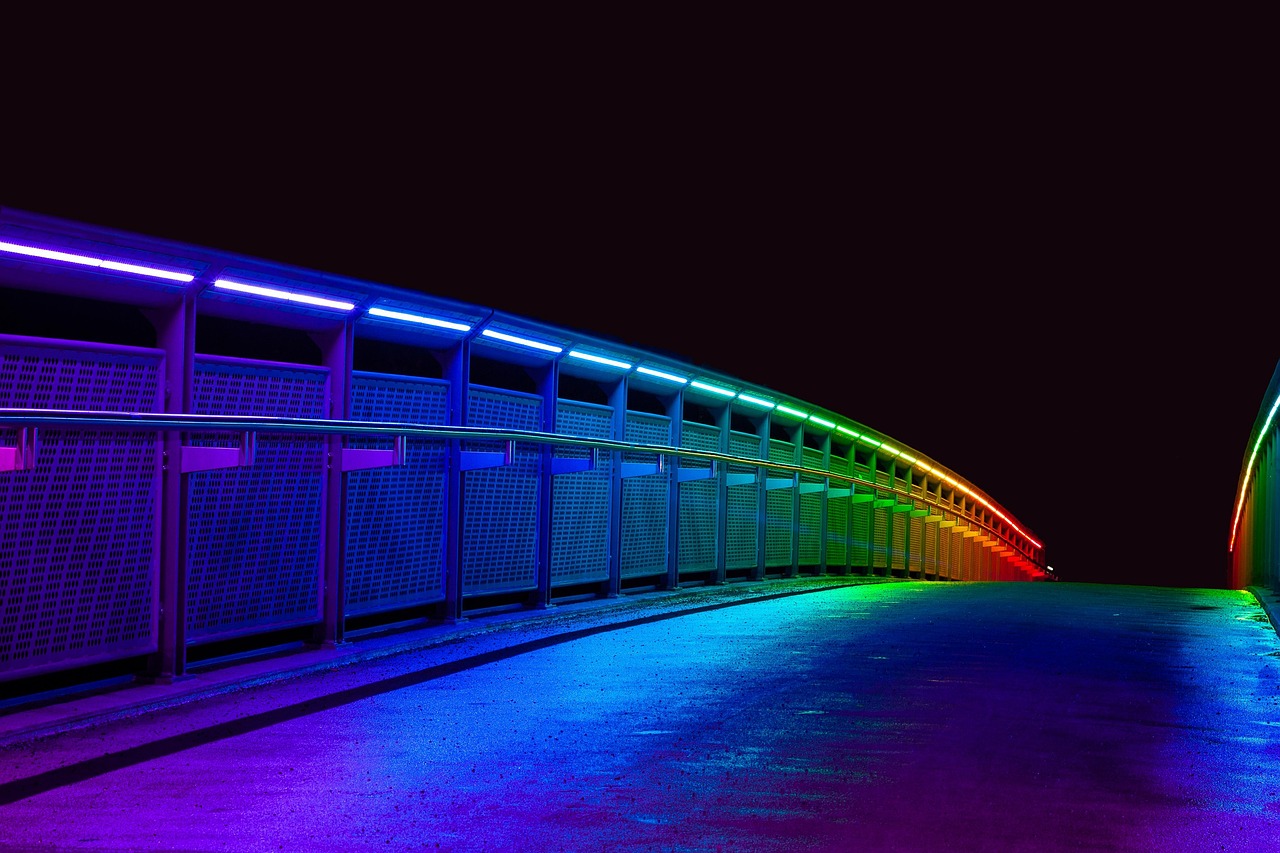 bridge, illuminated, multicoloured, night, architecture, building, reflection, reflections, lighting, led, led, led, led, led, led